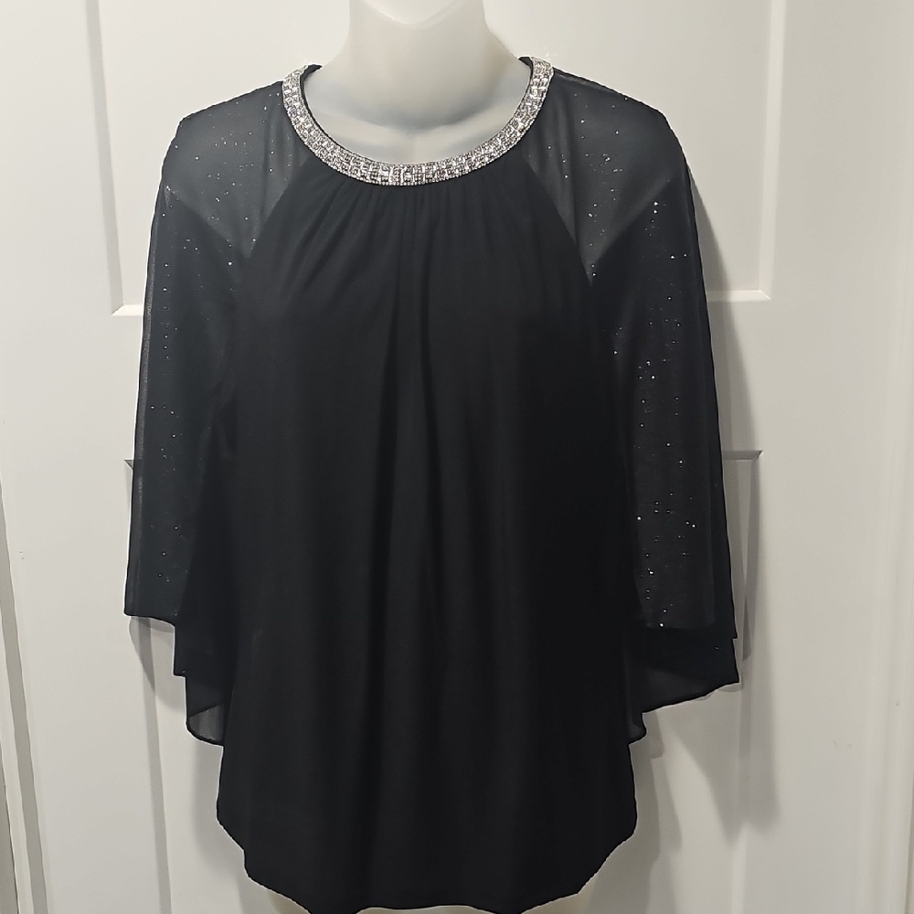 R&M Richards Black Silver Embellished Batwing Blouse